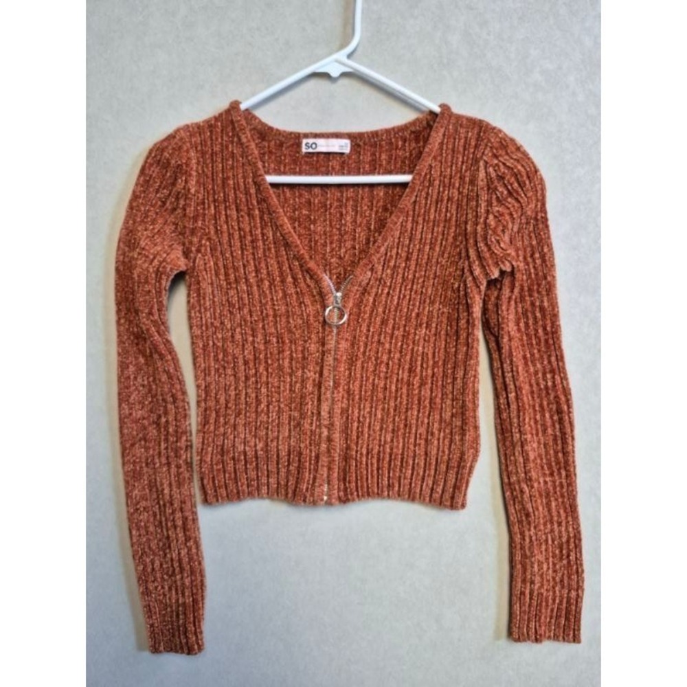 SO Womens Rust Orange Chenille Ribbed Full Zip Cropped Cardigan Sweater XS